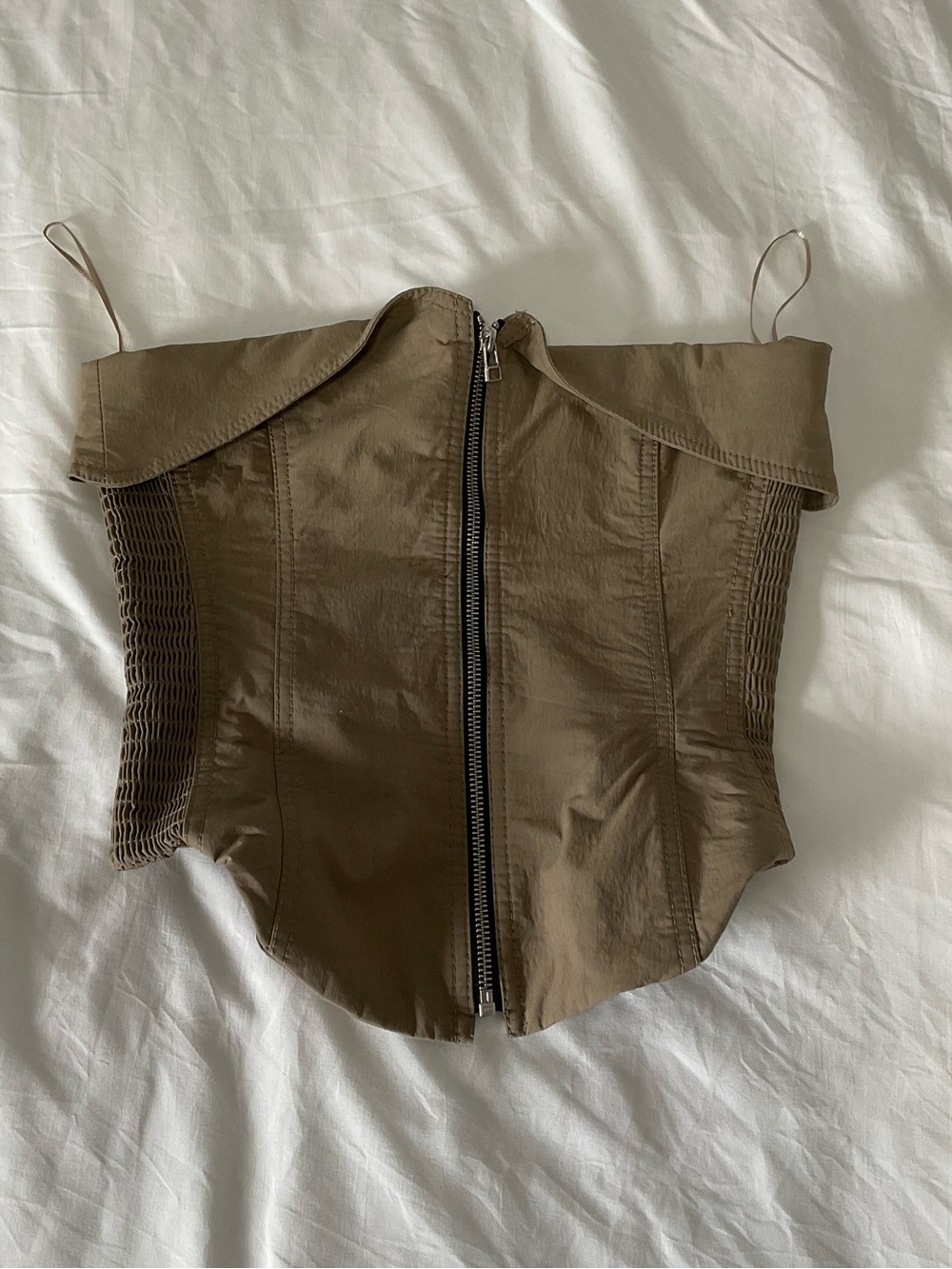 Zara Olive Brown Off-Shoulder Zip Front Corset Top